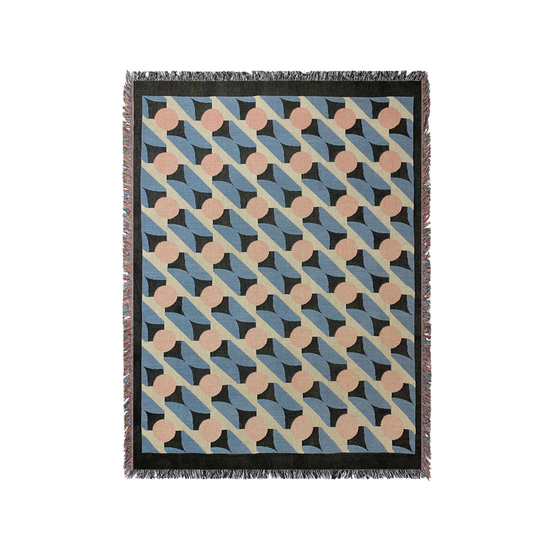 a blue and pink rug with a black border