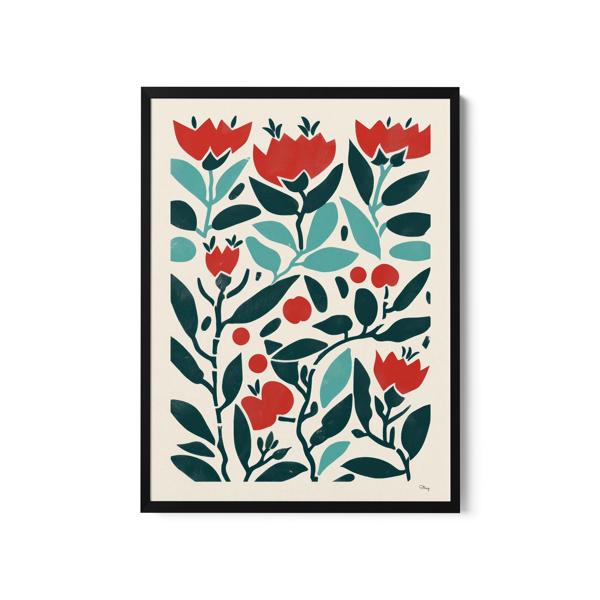 a framed print of red flowers and green leaves