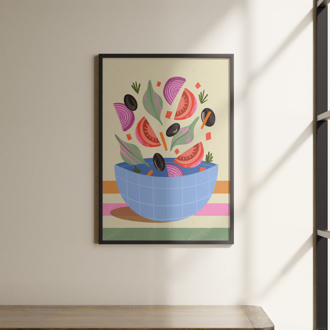 a painting of a bowl of vegetables on a wall