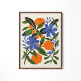 a painting of oranges and blue flowers on a white wall