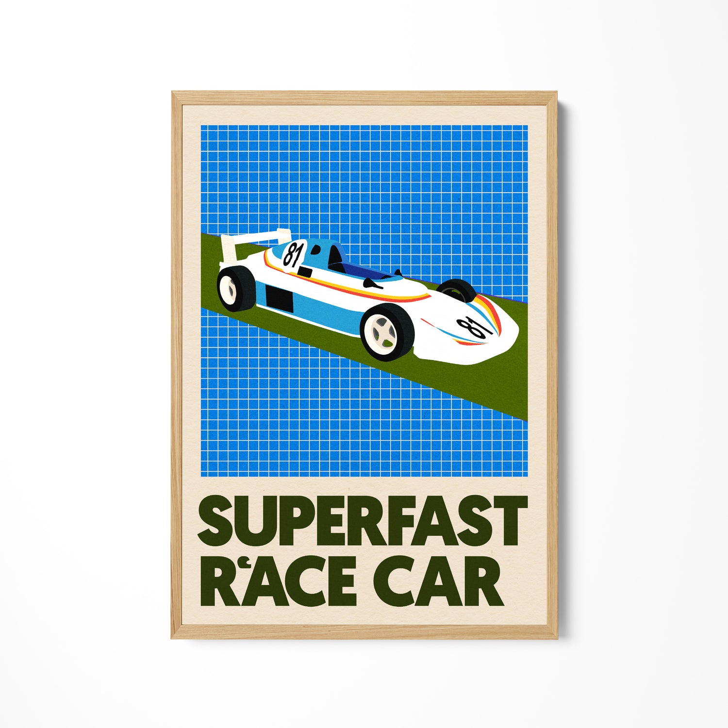 a poster of a race car on a wall