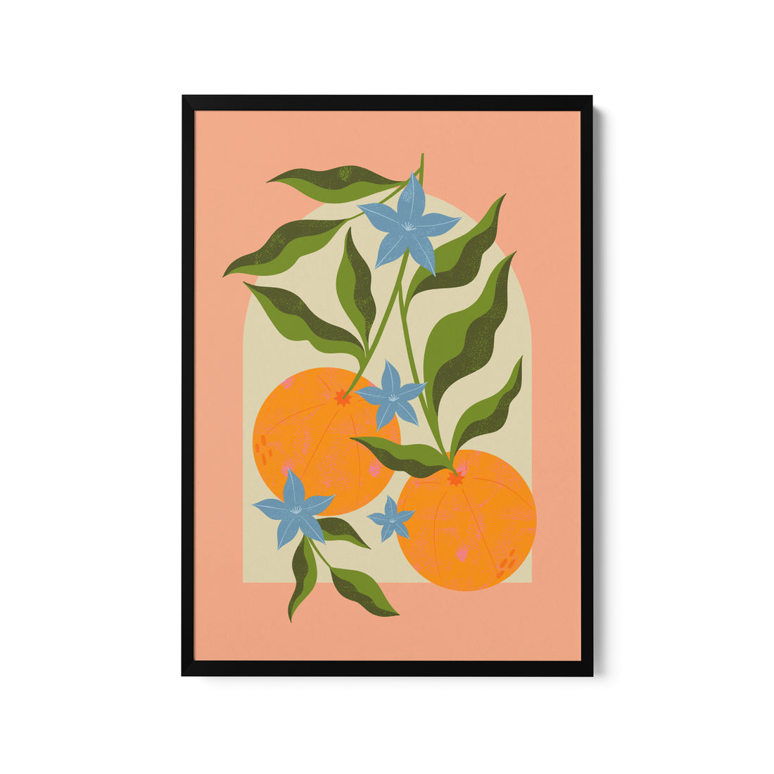 a painting of oranges and blue flowers on a peach background