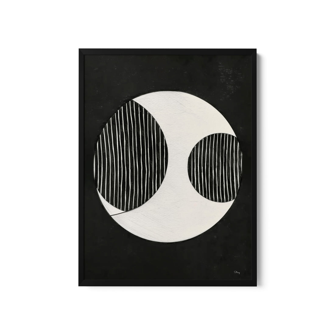 a black and white painting with two circles