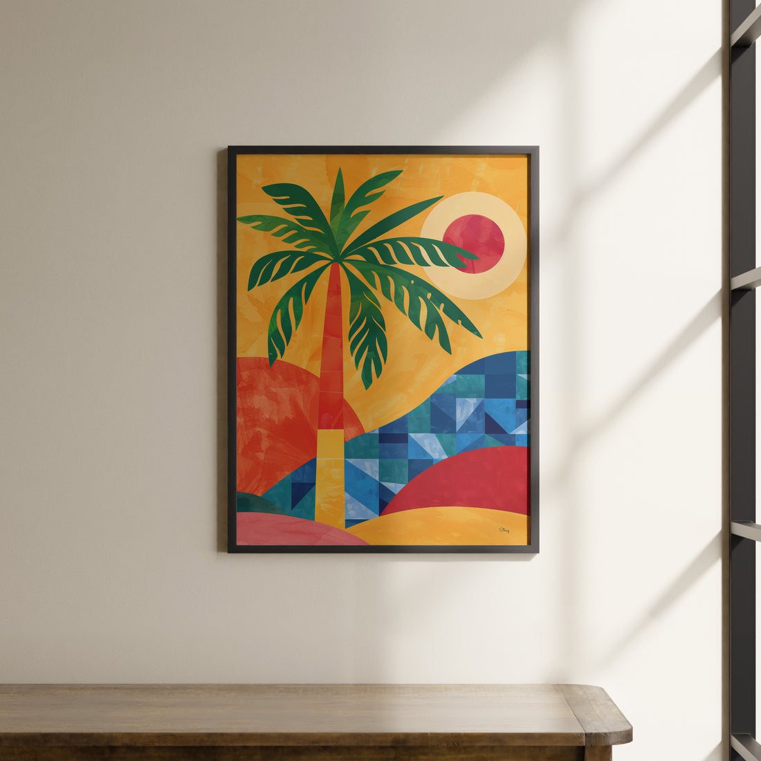 a painting hanging on a wall next to a wooden table