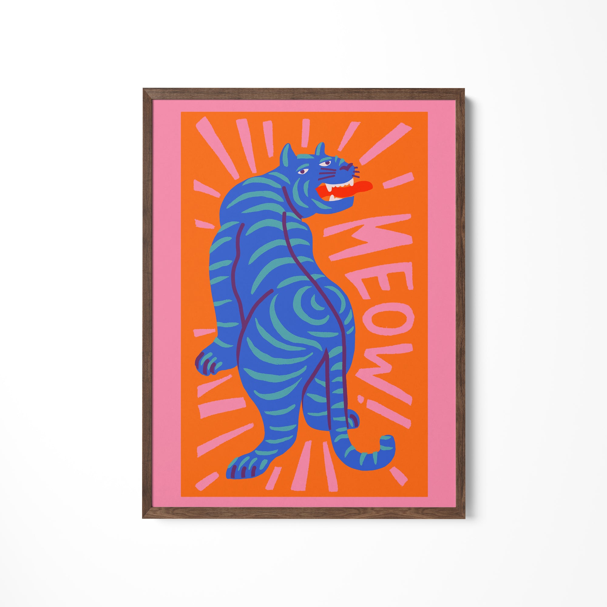 a picture of a blue tiger on an orange background