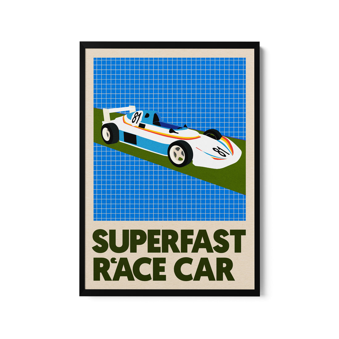 a poster of a race car on a blue background