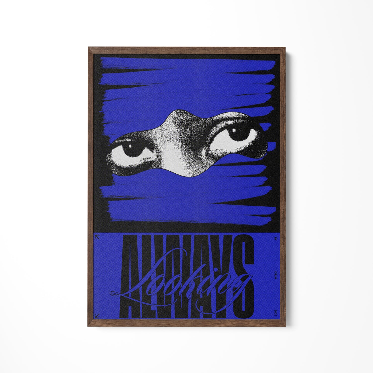 a blue poster with a picture of an eye