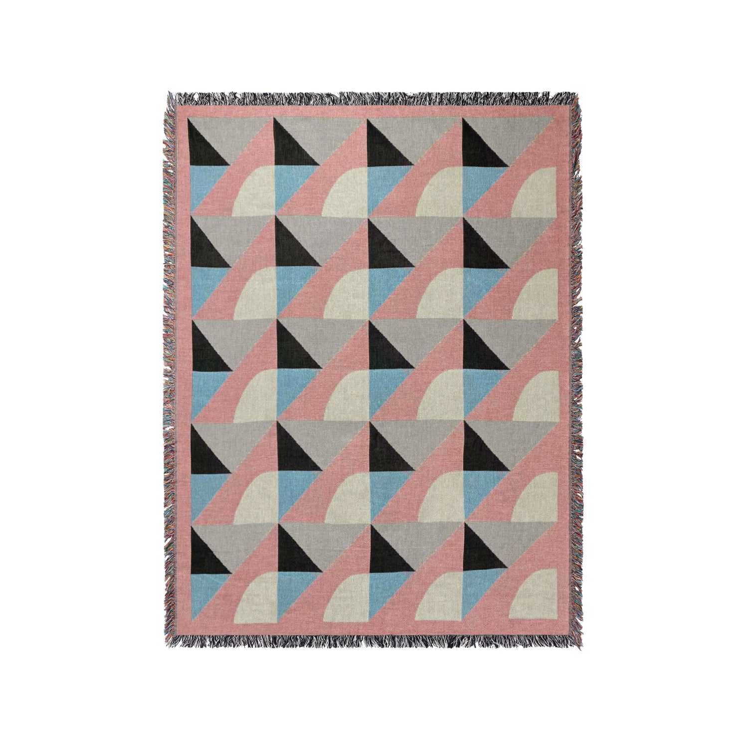 a pink, black, and grey blanket with a triangle design