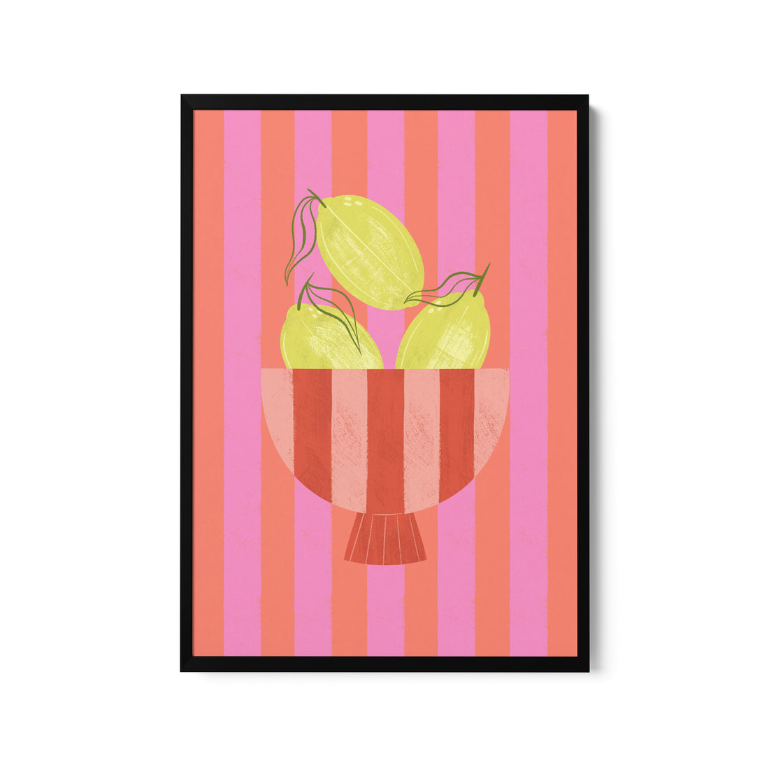 a picture of a bowl of fruit on a pink and red striped background