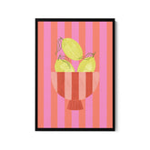 a picture of a bowl of fruit on a pink and red striped background