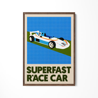 a poster of a race car on a wall