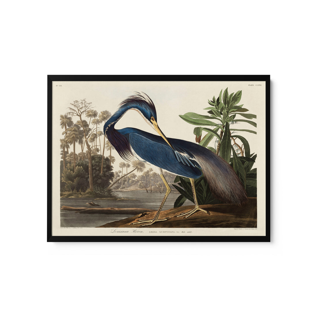 a painting of a blue heron standing on a branch