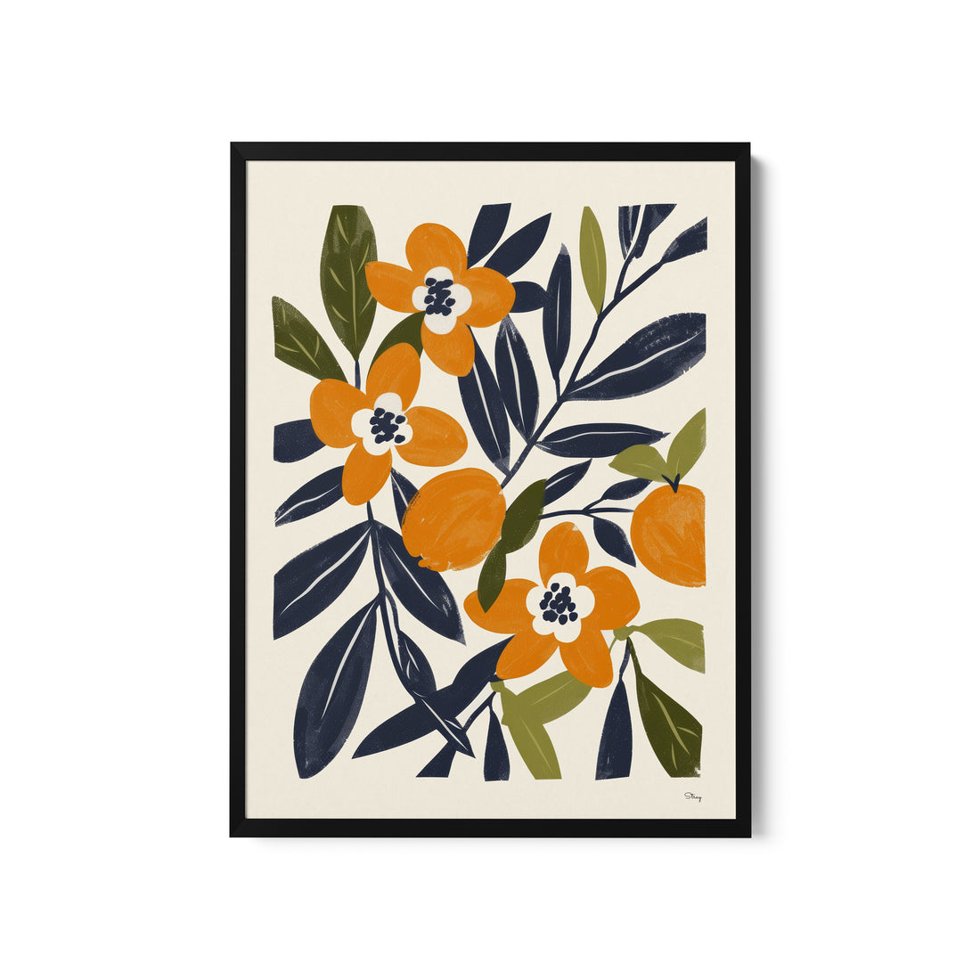 an orange and blue floral print on a white background