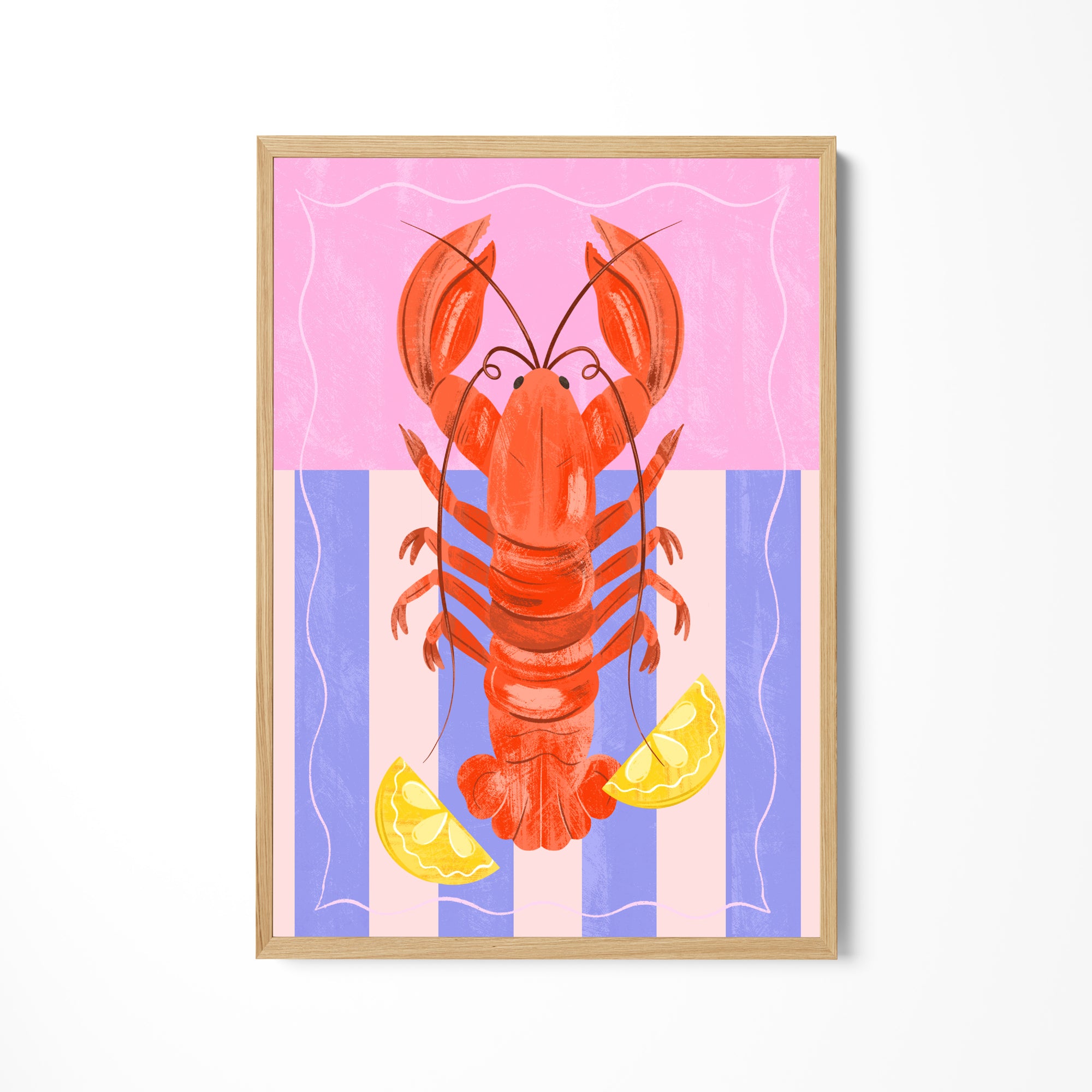 a painting of a lobster with lemon slices