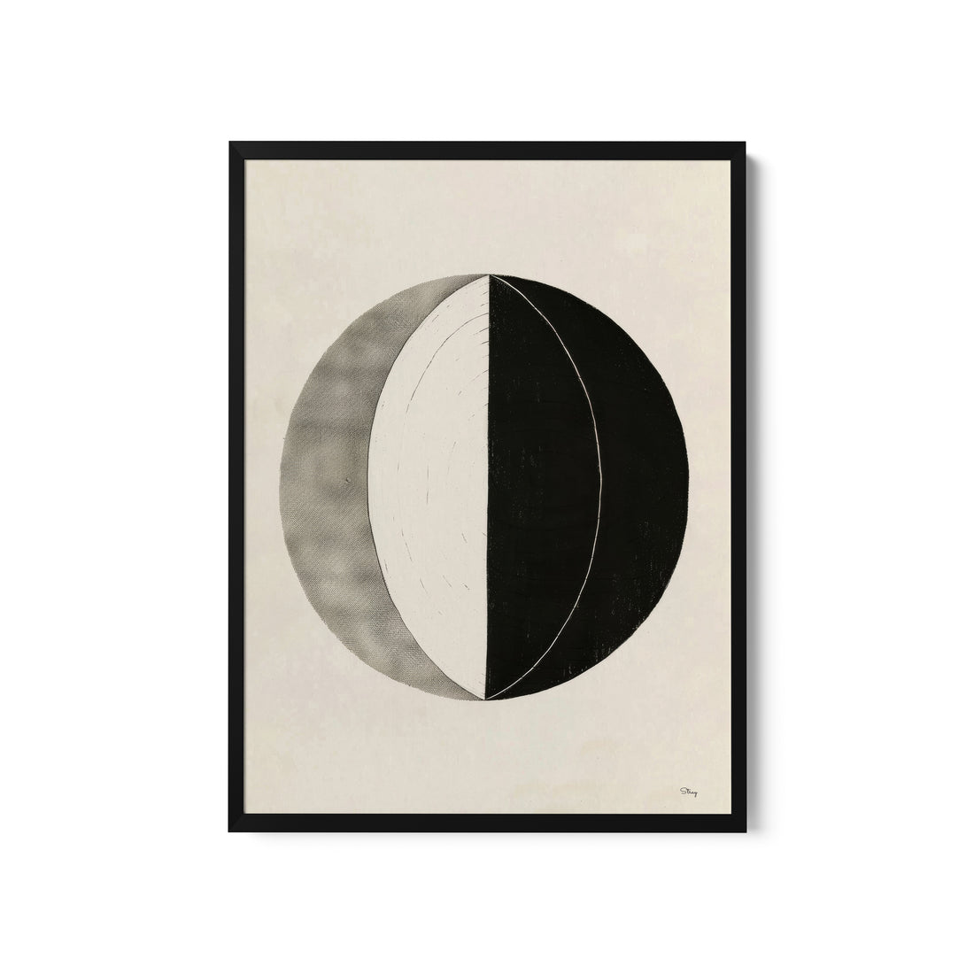 a black and white drawing of a half moon