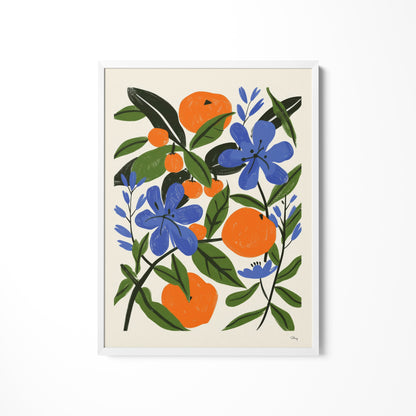 a picture of an oranges and blue flowers on a white background