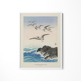 a painting of birds flying over a body of water