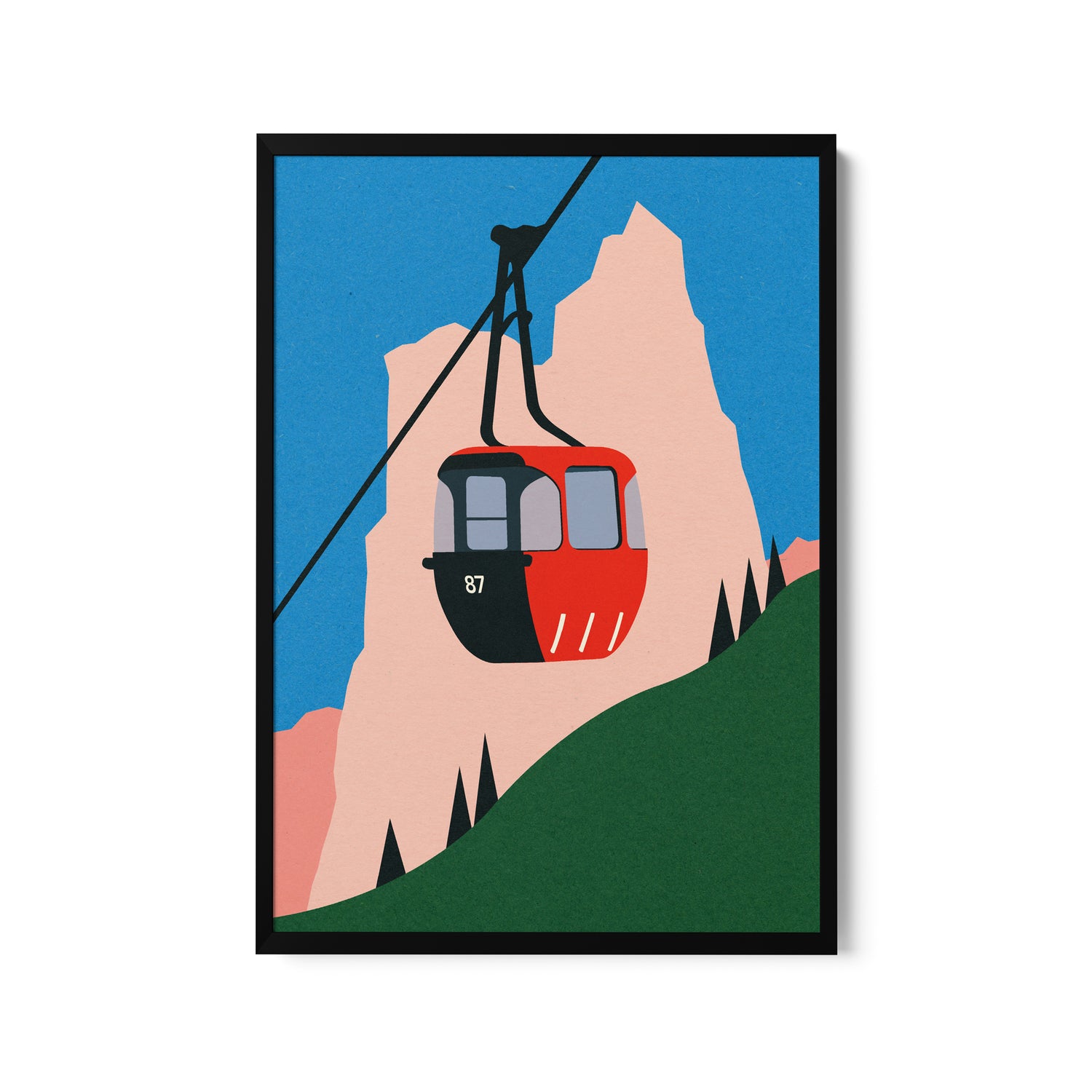 a painting of a cable car going up a mountain