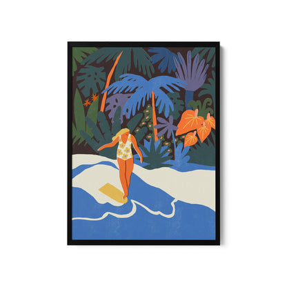 a painting of a woman walking through a jungle