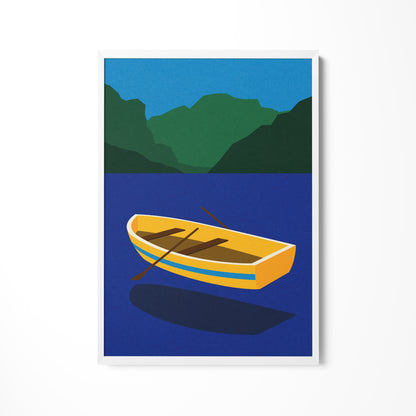 a yellow boat floating on top of a body of water