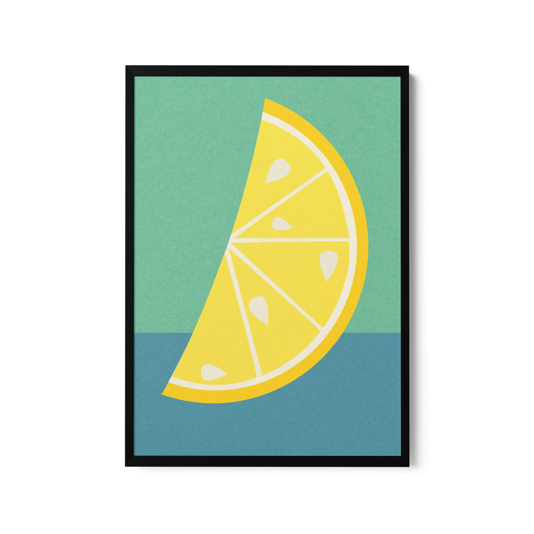 a picture of a slice of lemon on a blue and green background