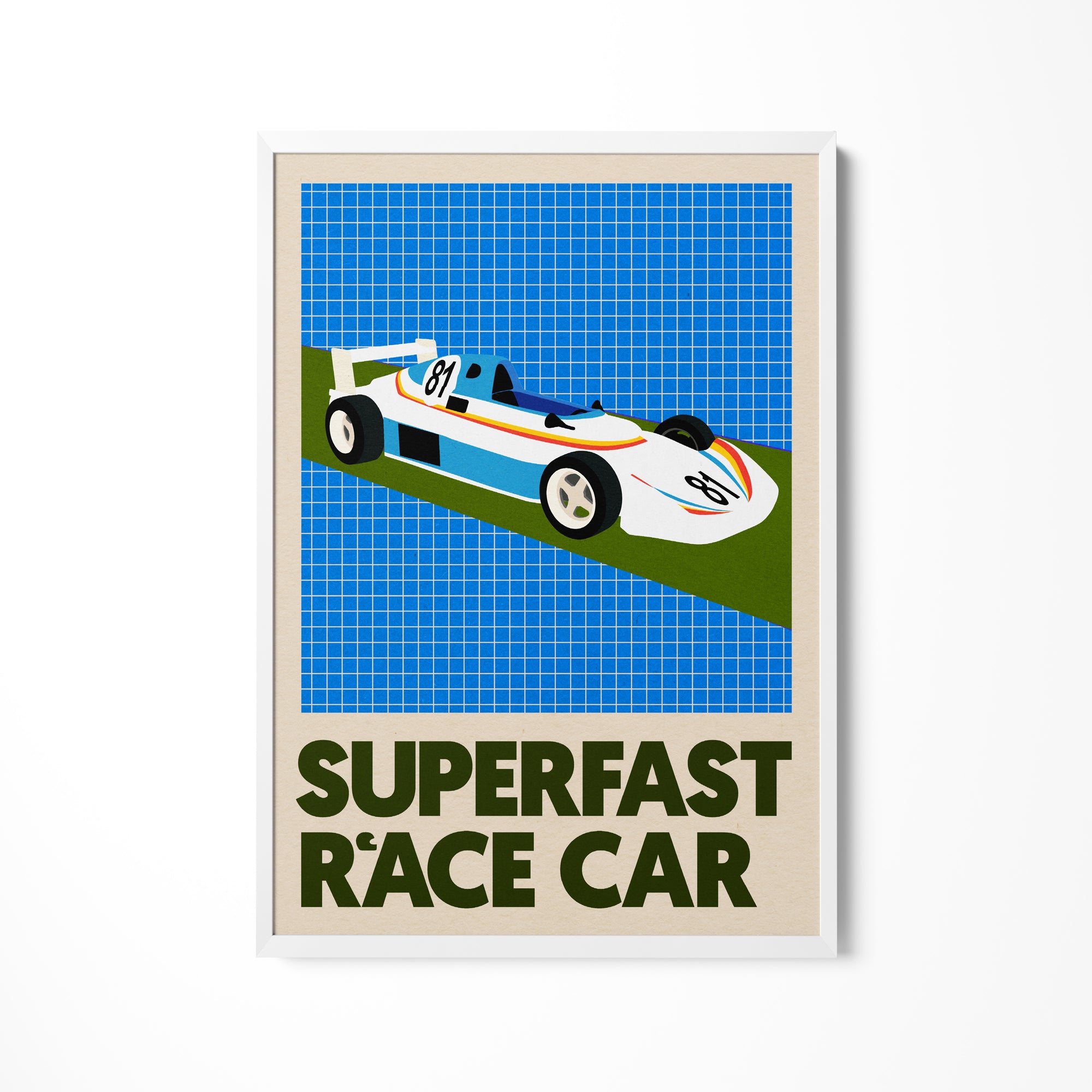 a poster of a race car on a wall