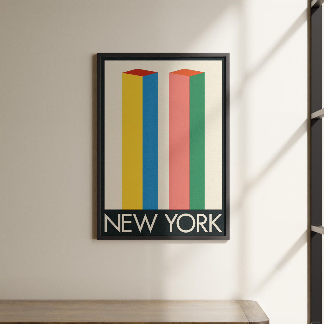 a picture of a new york poster hanging on a wall