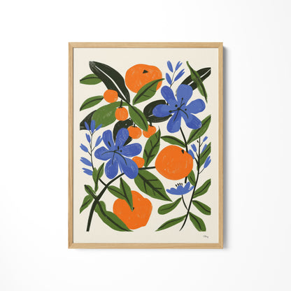 a painting of oranges and blue flowers on a white wall