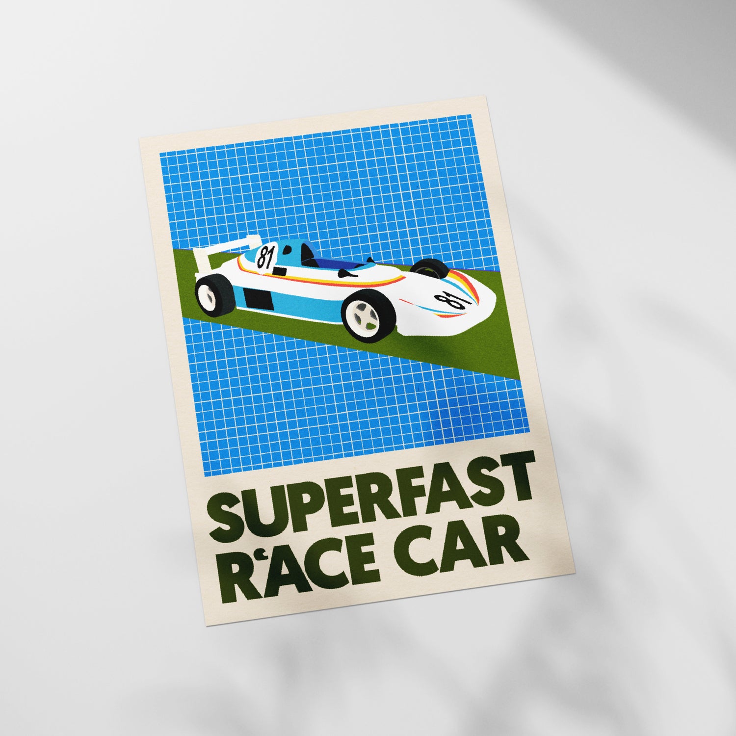 a poster of a race car on a wall