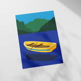 a yellow boat floating on top of a body of water