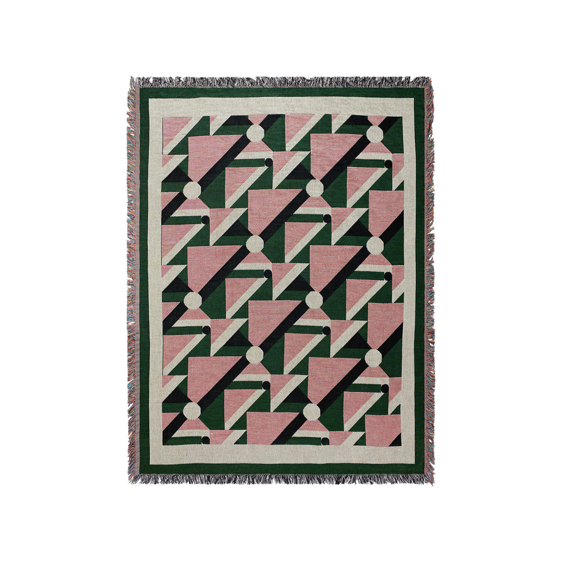 a pink and green rug with black and white designs