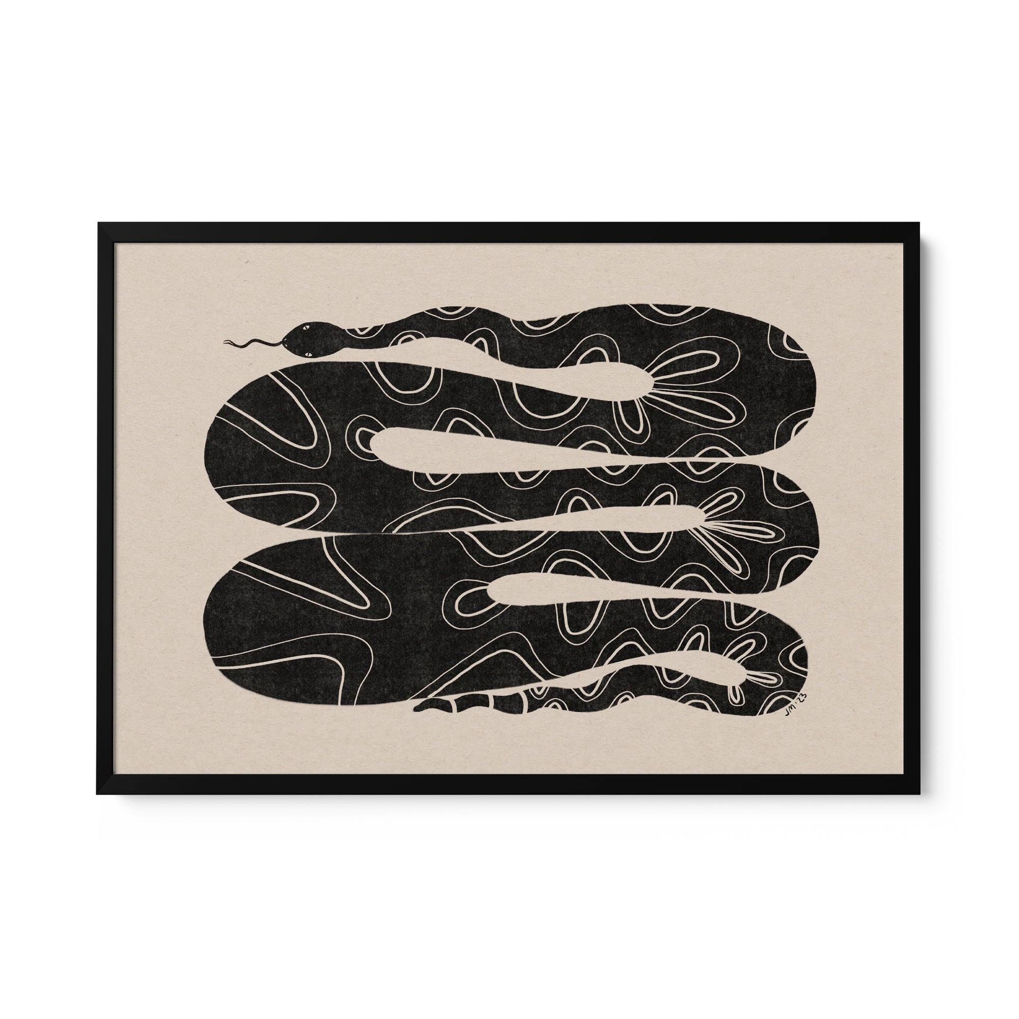 a black and white print of a snake