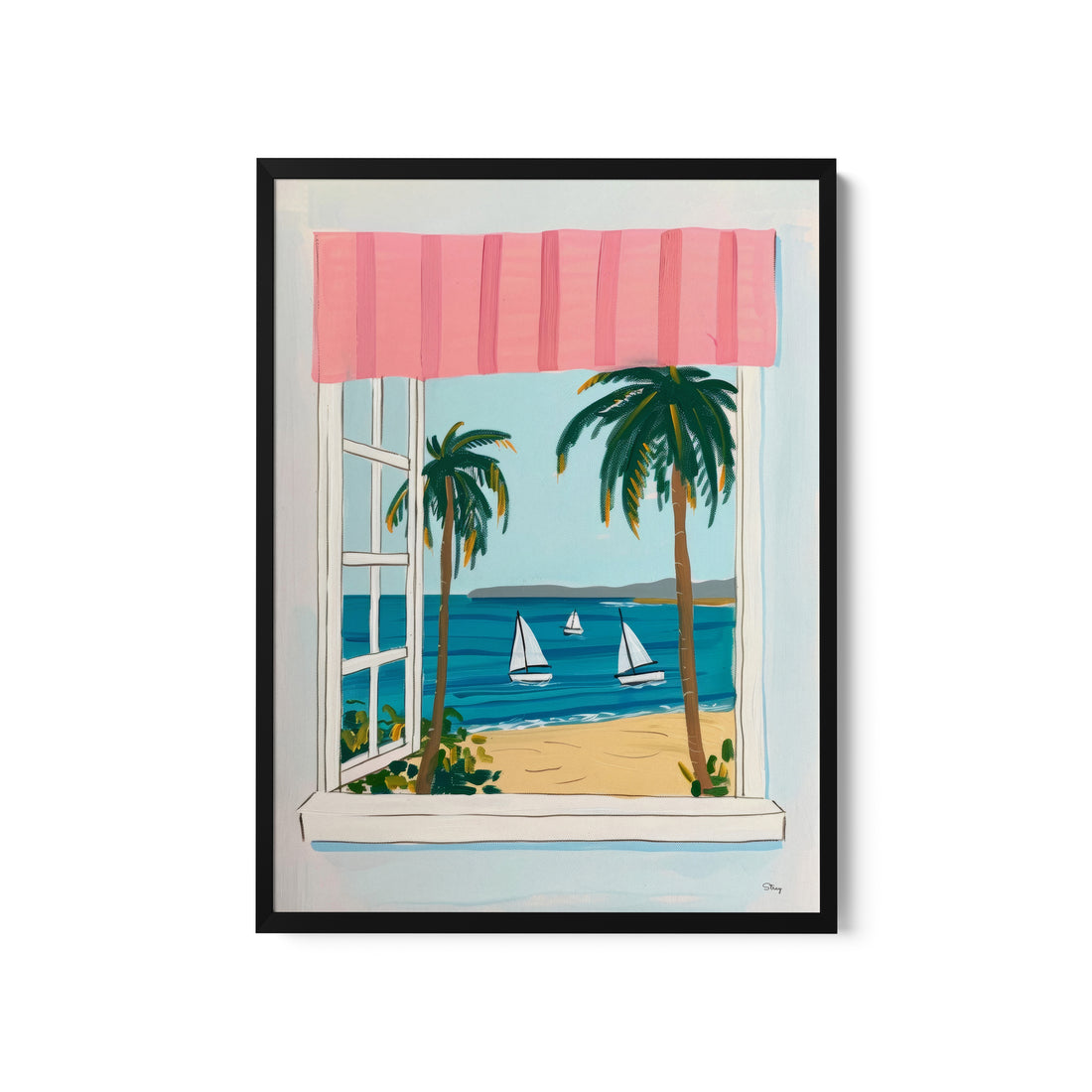 a painting of a window with a view of a beach