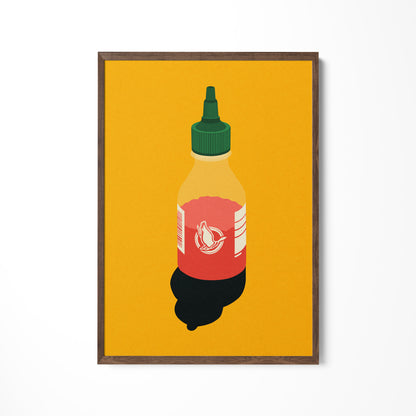 a picture of a bottle of ketchup on a yellow background