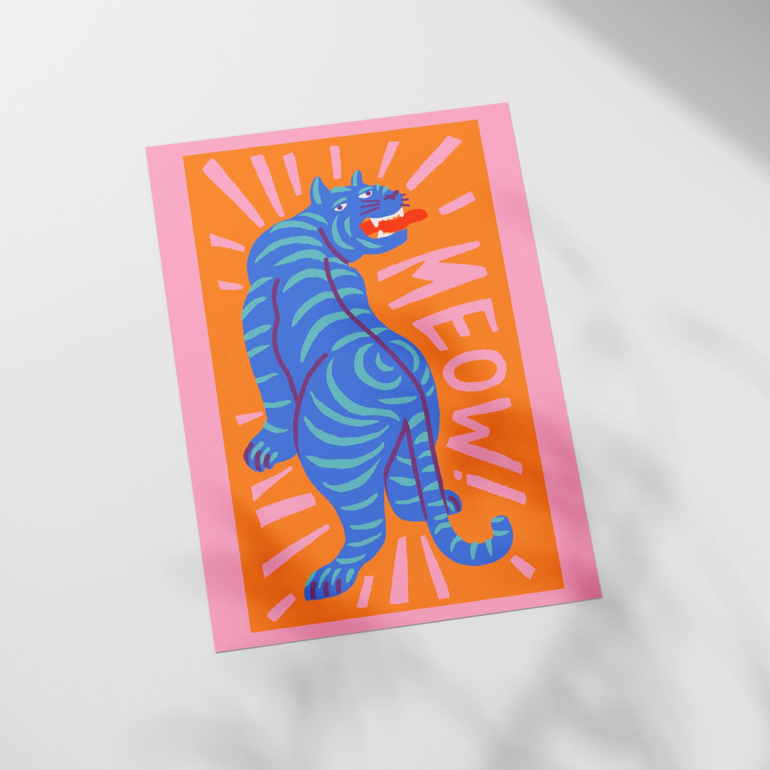 a picture of a blue tiger on an orange background