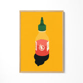 a picture of a bottle of ketchup on a yellow background