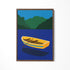 a painting of a yellow boat floating on a lake