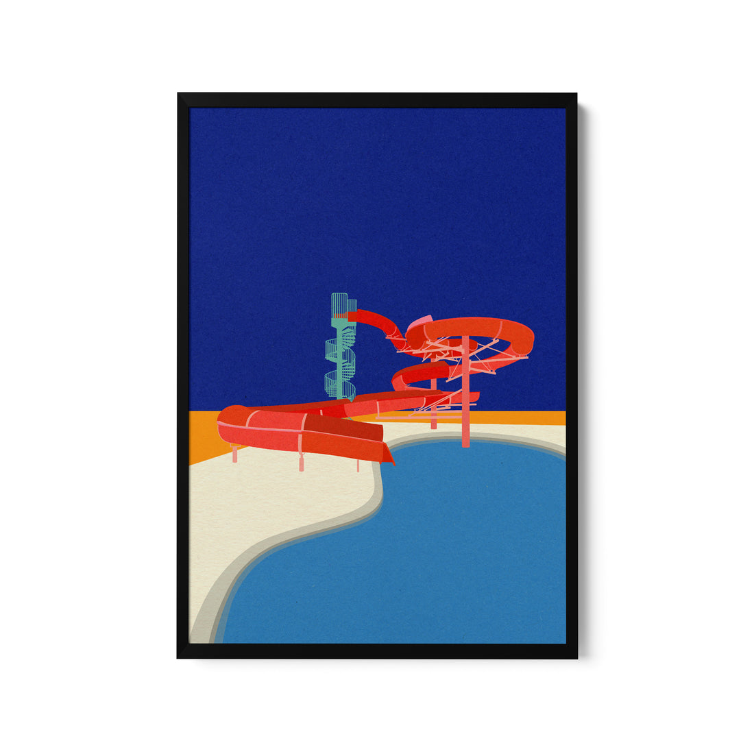 a painting of a beach with a lifeguard tower