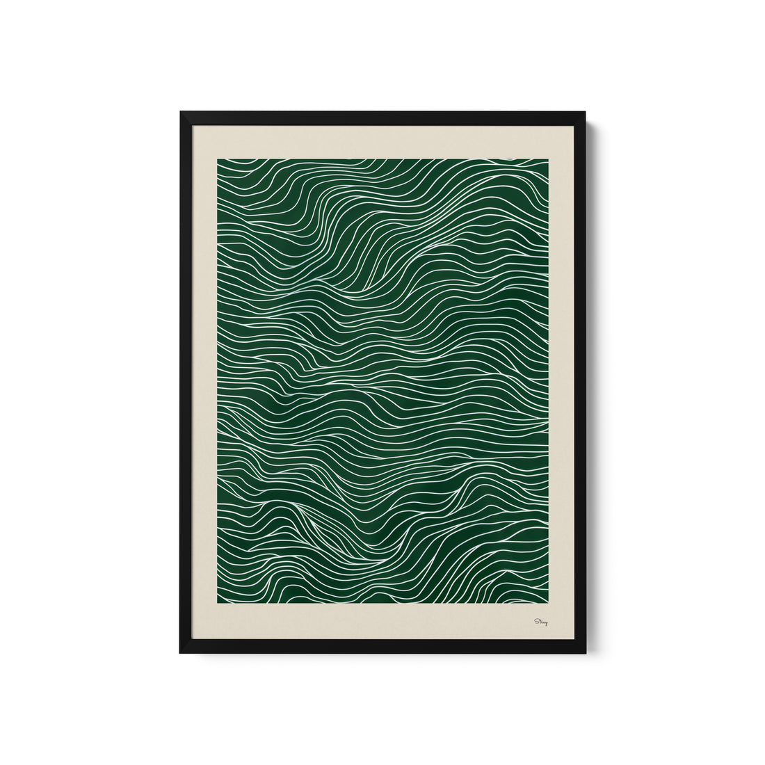 a green and white print with wavy lines