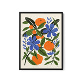 a painting of oranges and blue flowers on a white background