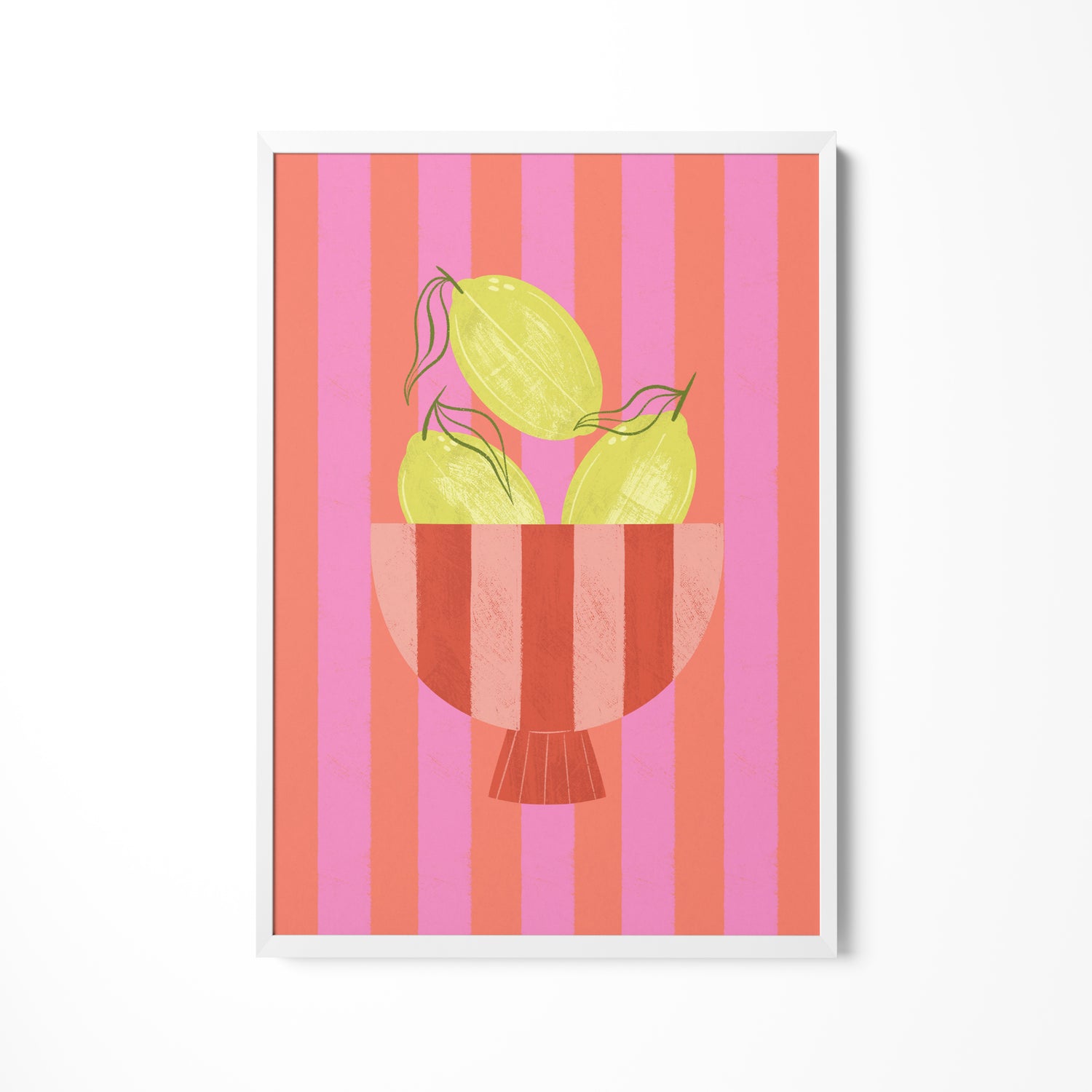 a picture of a bowl of fruit on a pink and orange striped background