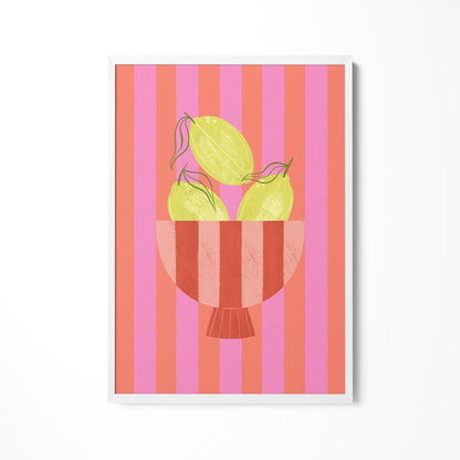 a picture of a bowl of fruit on a pink and orange striped background