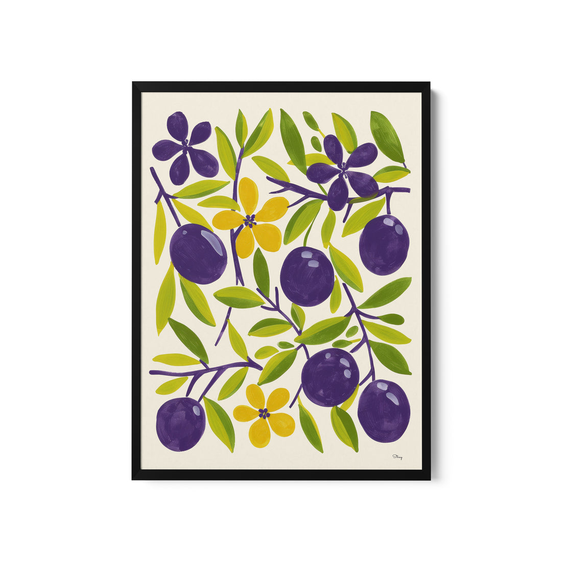 a painting of plums and leaves on a white background