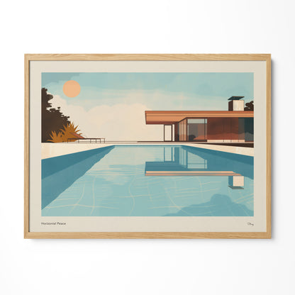 a painting of a pool with a house in the background