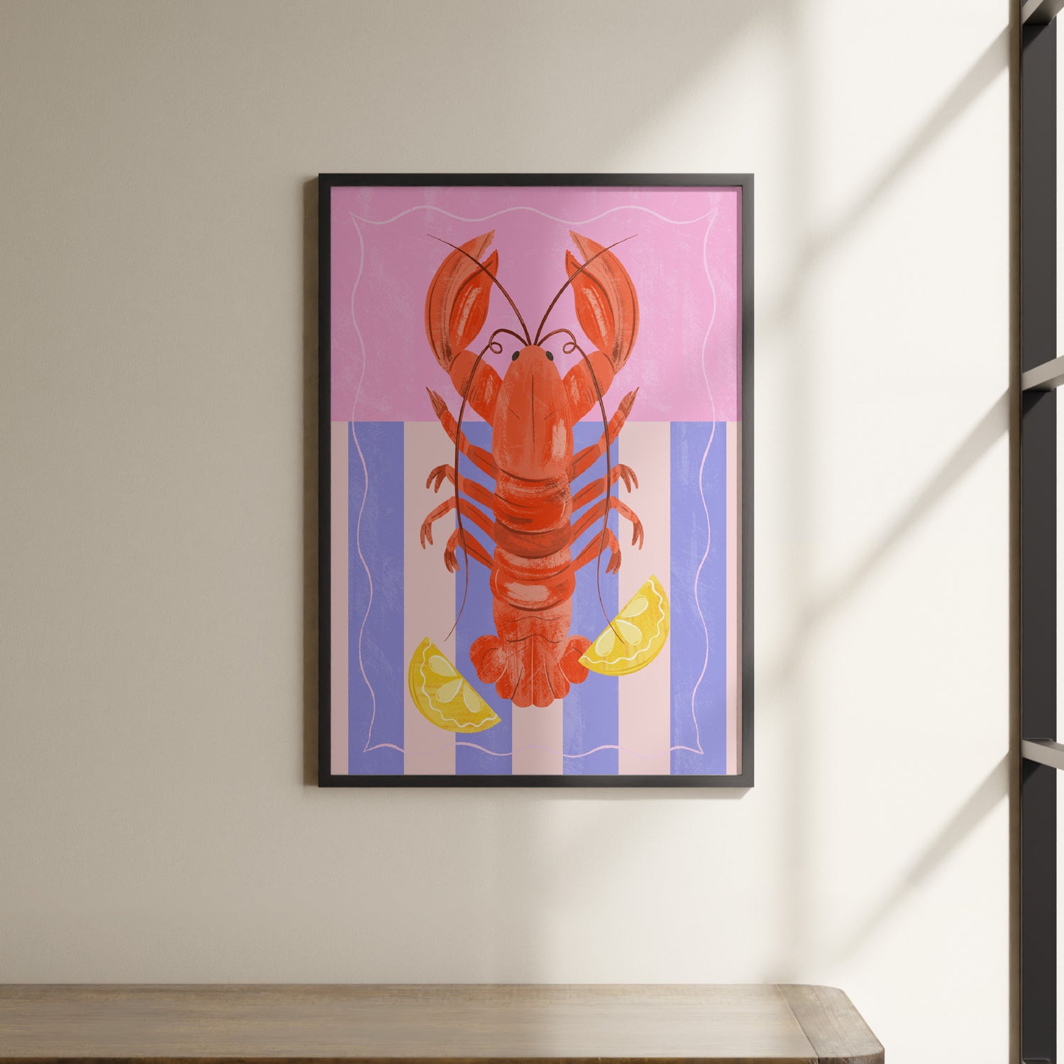 a painting of a lobster hangs on a wall