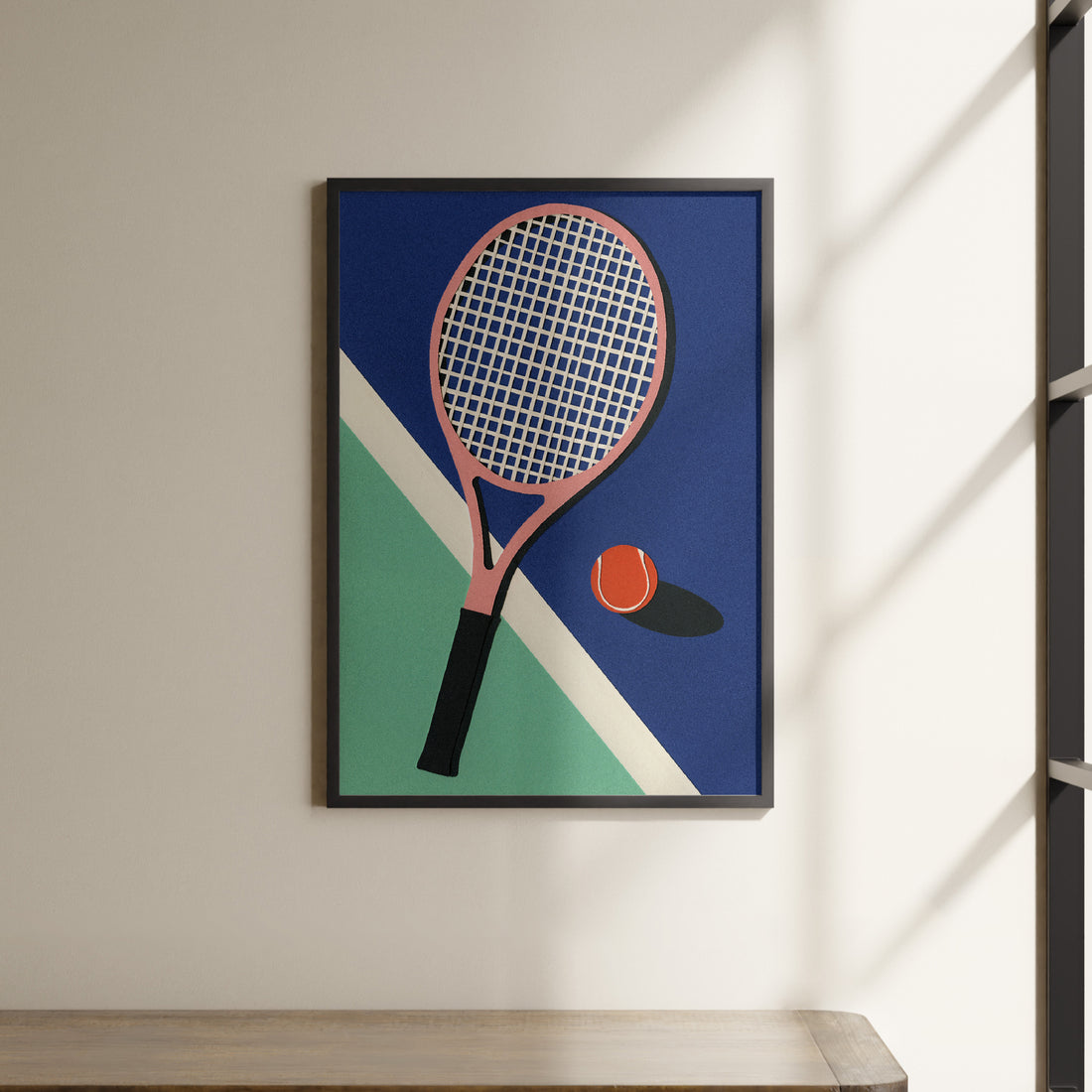 a painting of a tennis racket and ball on a wall