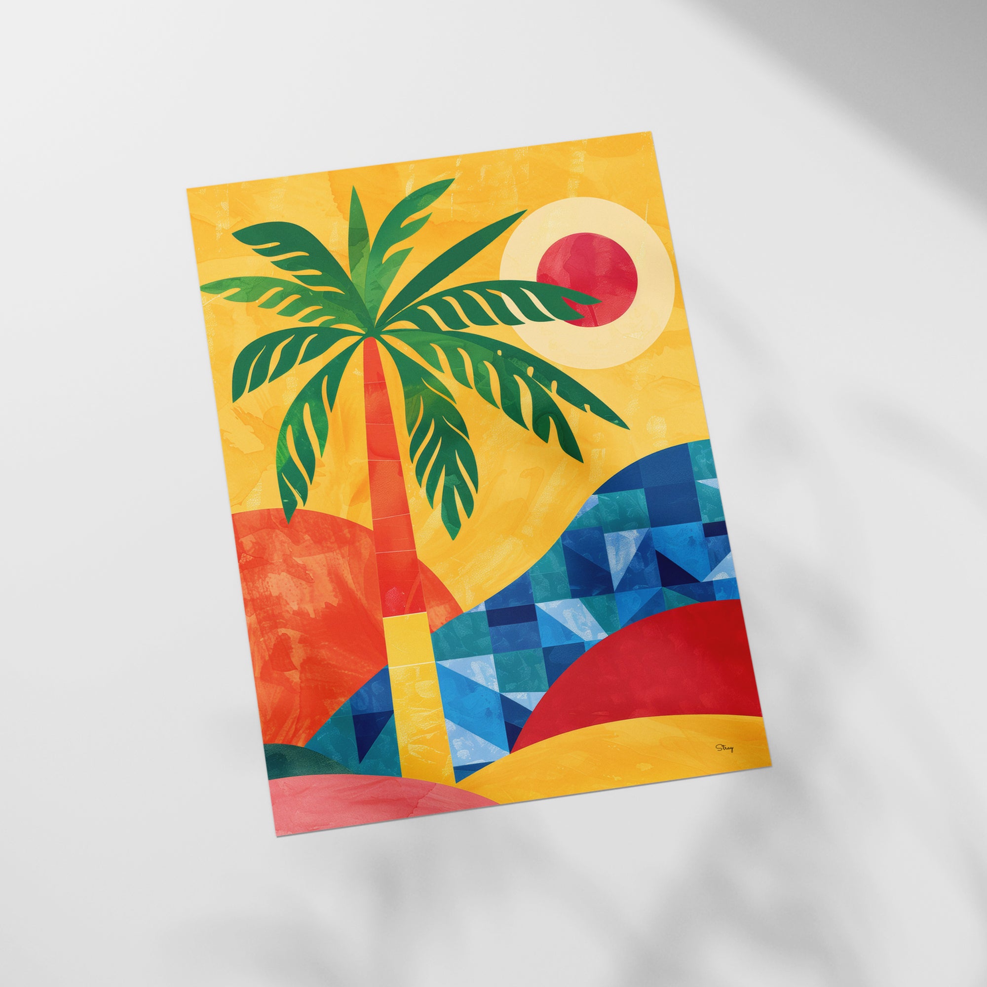 a painting of a palm tree on a white wall