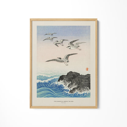 a painting of birds flying over a body of water