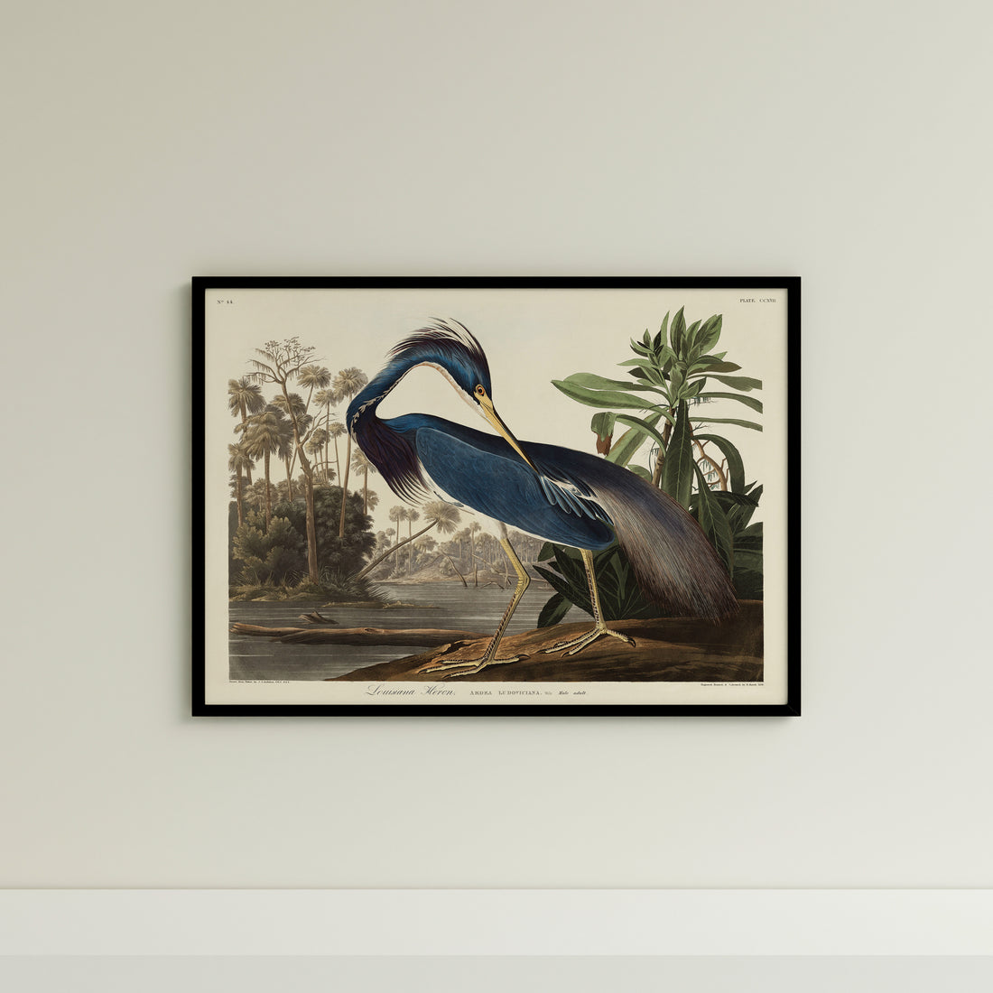 a painting of a blue heron in a frame