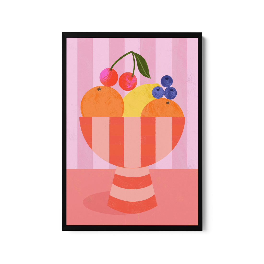 a picture of a bowl of fruit on a pink background